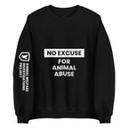 Black sweatshirt with 'No Excuse for Animal Abuse' text on a white background