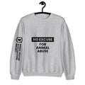 Gray sweatshirt with 'No Excuse for Animal Abuse' text on a hanger