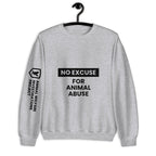 Gray sweatshirt with 'No Excuse for Animal Abuse' text on a hanger