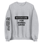 Gray sweatshirt with 'No Excuse for Animal Abuse' text and logo on a white background